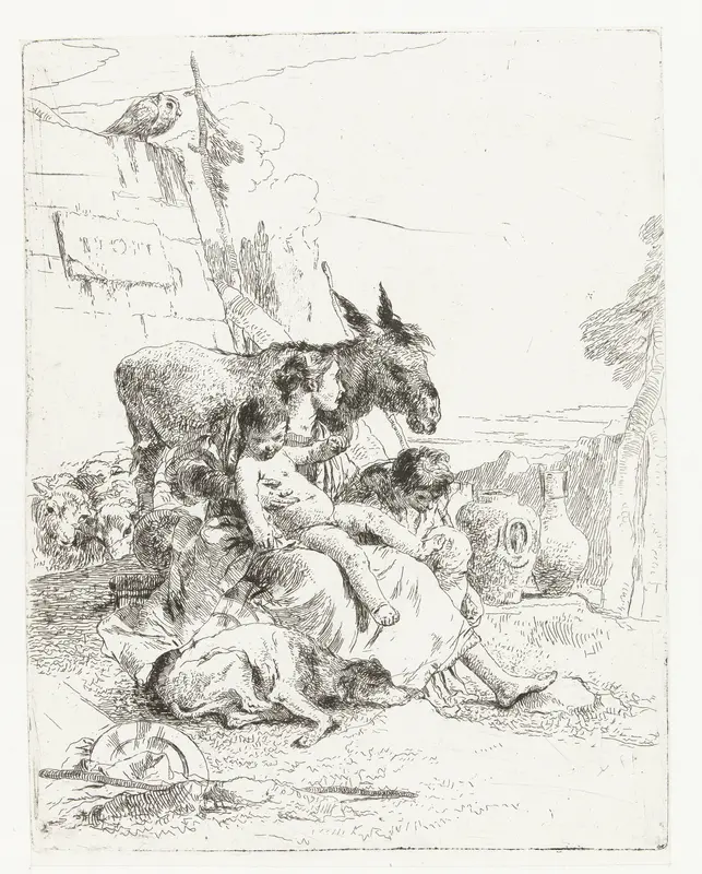 Moeder met twee kinderen bij ezel en schapen Wall Art by Unknown - High-Resolution Digital Print