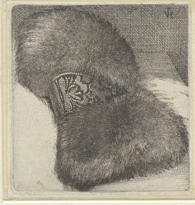 Mof van bont versierd met brokaatband, liggend op tafel Wall Art by Unknown - High-Resolution Digital Print