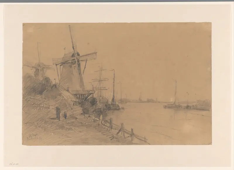 Molens bij Dordrecht langs de rivier met schepen Wall Art by Unknown - High-Resolution Digital Print