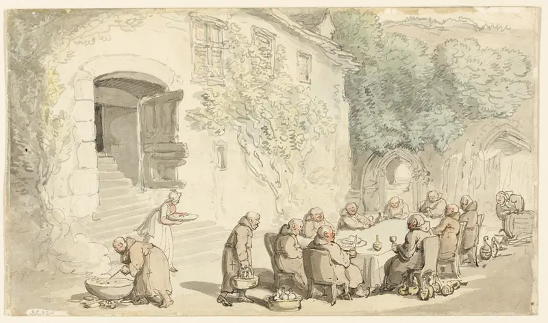 Monks Dining Outside (recto); Village Street (verso)