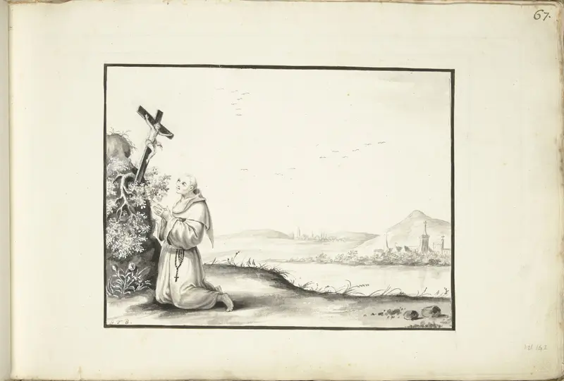 Monnik biddend voor een crucifix bij een rivier Wall Art by Unknown - High-Resolution Digital Print