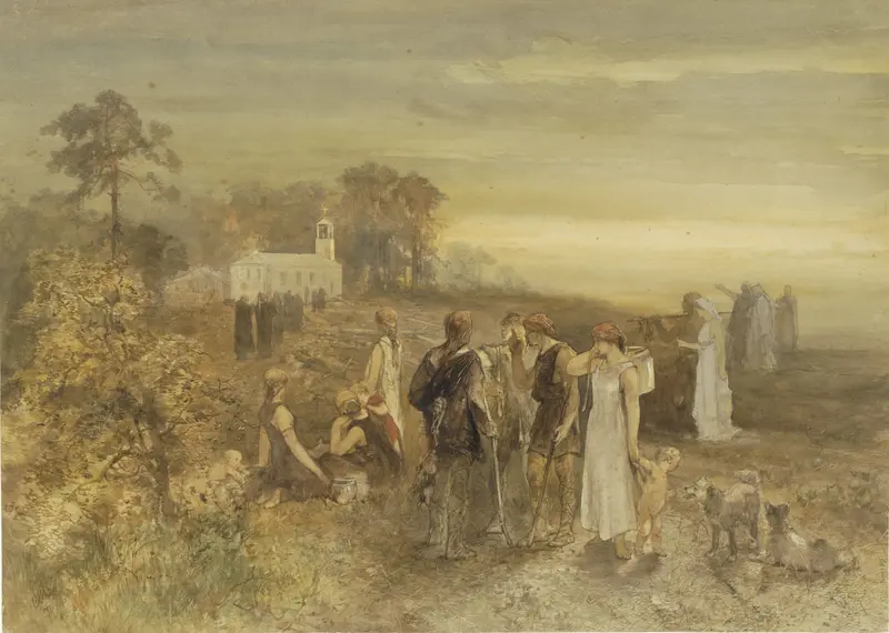 Monniken begeven zich naar een kerk, gadegeslagen door een groep Germanen Wall Art by Charles Rochussen - High-Resolution Digital Print