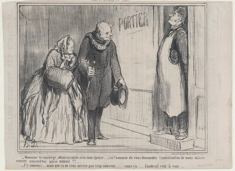 Monsieur le concierge, allant en soirée avec mon épouse..., from Les Portiers de Paris, published in Le Charivari, November 30, 1858 Wall Art by Honoré Daumier - High-Resolution Digital Print