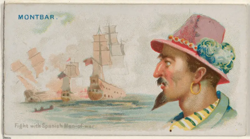 Montbars, Fight with Spanish Men-of-War, from the Pirates of the Spanish Main series (N19) for Allen & Ginter Cigarettes Wall Art by Allen & Ginter - High-Resolution Digital Print