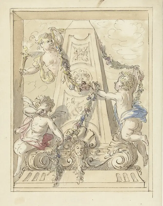 Monument door treurende putti met slingers behangen Wall Art by Elias van Nijmegen - High-Resolution Digital Print