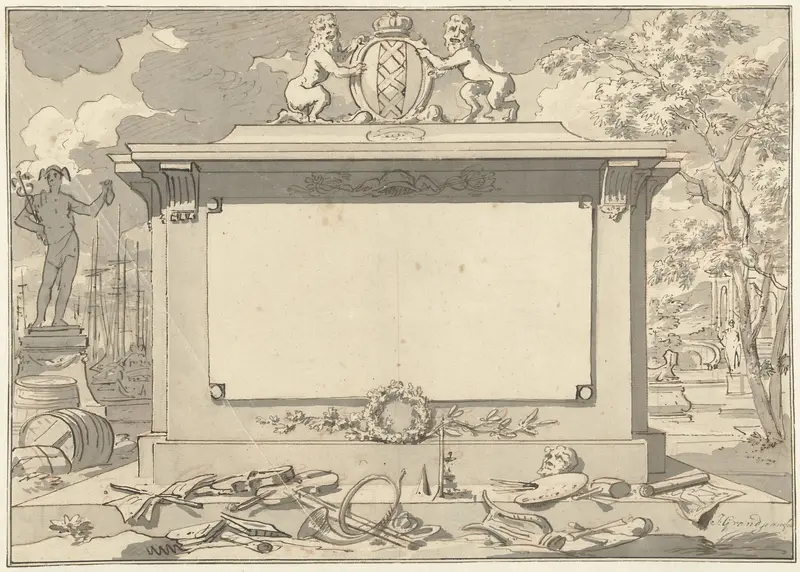 Monument met attributen van Amsterdam, de koopvaart en de kunsten Wall Art by Jean Grandjean - High-Resolution Digital Print