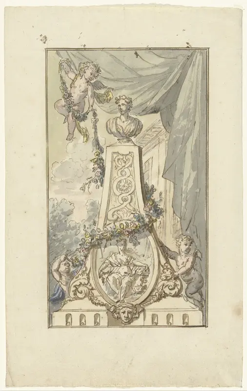 Monument met buste en medaillon, door putti bekranst Wall Art by Elias van Nijmegen - High-Resolution Digital Print