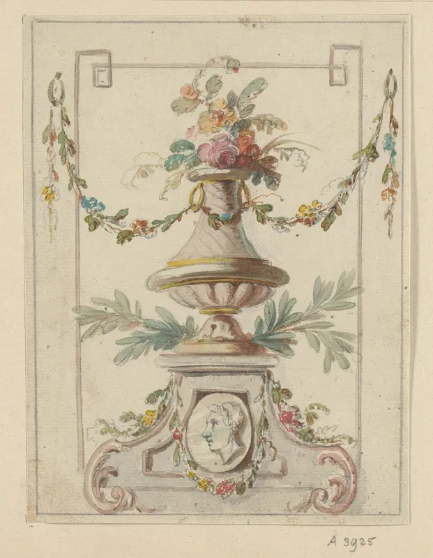 Monument met een vaas met bloemen, een guirlande en een portret Wall Art by Abraham van Strij (I) - High-Resolution Digital Print