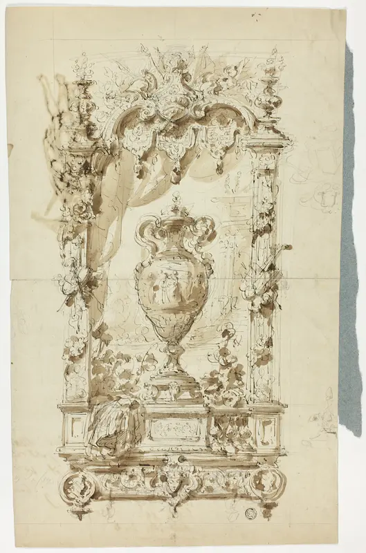 Monumental Vase in Ornamental Frame (recto); Sketch of Standing Man with Parasol and Parrot, and Architectural Studies (verso) Wall Art by Unknown - High-Resolution Digital Print