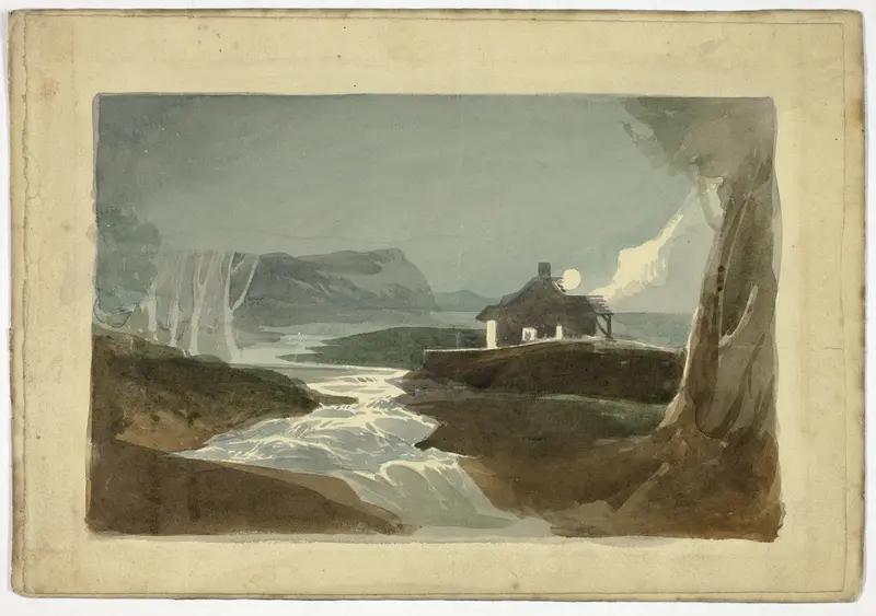 Moon over Cottage by Waterfall (recto); Tower and Thatched-Roof City House (verso) Wall Art by Unknown artist - High-Resolution Digital Print