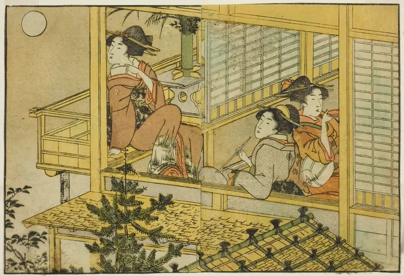 Moon-Viewing Party, from the illustrated book "Picture Book: Flowers of the Four Seasons (Ehon shiki no hana)," vol. 2