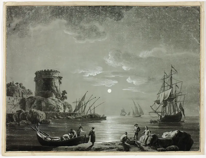 Moonlight Scene in Fishing Port Wall Art by Unknown artist - High-Resolution Digital Print