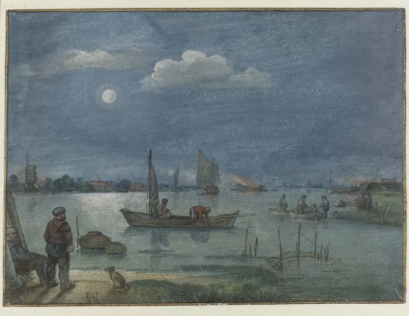 Moonlit River Landscape with Fishermen Wall Art by Hendrick Avercamp - High-Resolution Digital Print