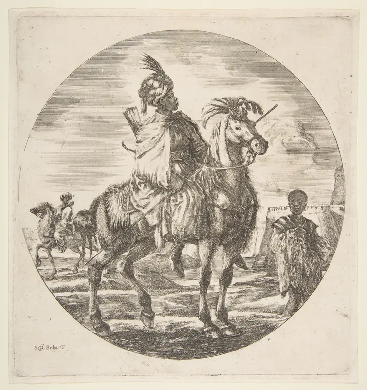 Moorish horseman in profile facing right, a black slave holding a fur at right, another horseman to left in the background, from 'Figures on Horseback' (Cavaliers nègres, polonais et hongrois) Wall Art by Stefano della Bella - High-Resolution Digital Print