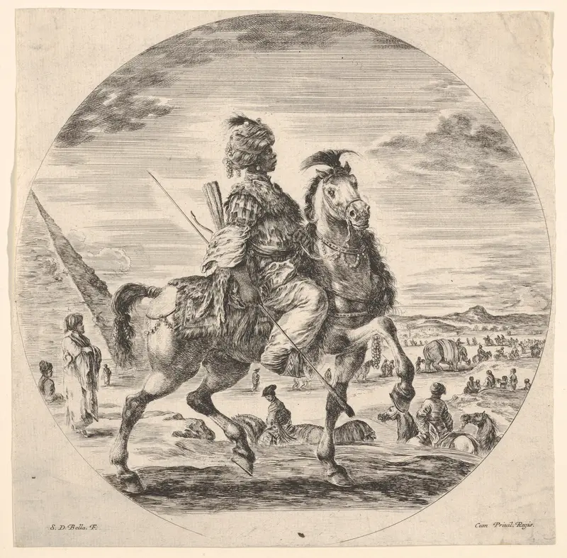 Moorish horseman in profile facing right, in the background a pyramid at left, many figures and an elephant, from "Figures on Horseback" (Cavaliers nègres, polonais et hongrois) Wall Art by Stefano della Bella - High-Resolution Digital Print