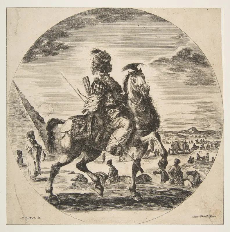 Moorish horseman in profile facing right, in the background a pyramid at left, many figures and an elephant, from 'Figures on Horseback' (Cavaliers nègres, polonais et hongrois) Wall Art by Stefano della Bella - High-Resolution Digital Print