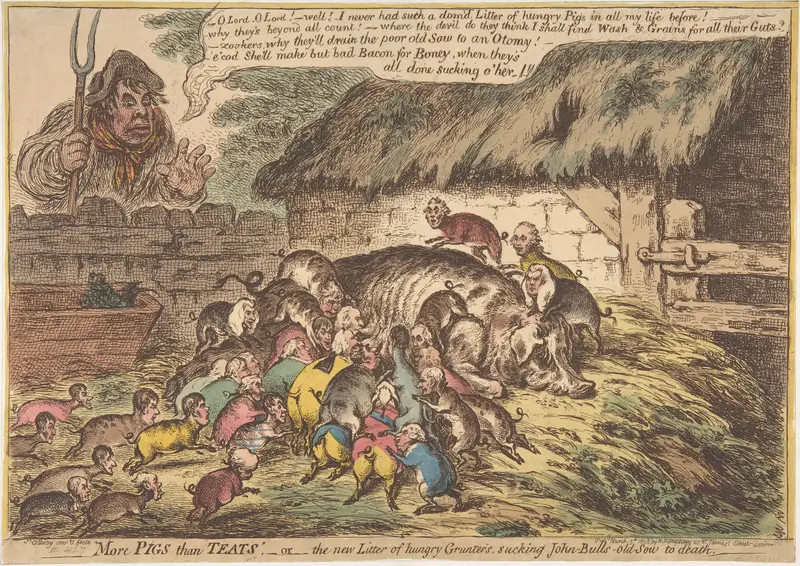 "More Pigs Than Teats",–or–the New Litter of Hungry Grunters, Sucking John-Bull's-Old-Sow to Death Wall Art by James Gillray - High-Resolution Digital Print