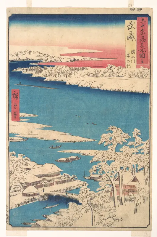 Morning after a Snowfall, the Sumida River, Musashi Province
, from the series Views of Famous Places in the Sixty-Odd Provinces