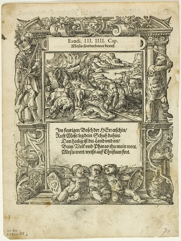 Moses and the Burning Bush (recto) and The Infant Moses Put into the River (verso) from Neue künstliche Figuren biblischer Historien, plate 55 from Woodcuts from Books of the XVI Century Wall Art by Tobias Stimmer - High-Resolution Digital Print