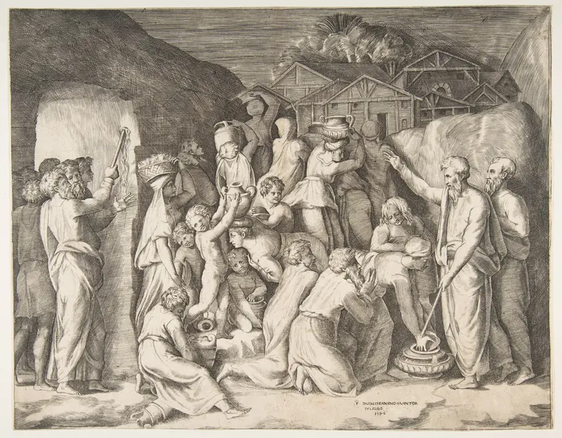 Moses at right telling the Israelites to gather the manna and at left Moses striking the rock Wall Art by Giulio Bonasone - High-Resolution Digital Print