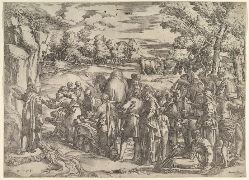 Moses Drawing Water from the Rock, at left with water flowing, various figures and animals waiting at right Wall Art by Battista Franco - High-Resolution Digital Print