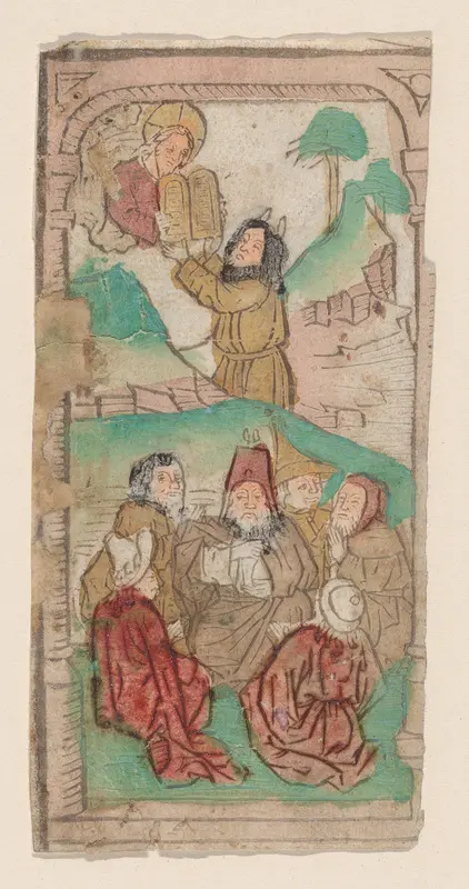 Moses Receiving the Law, illustration from a "Biblia Pauperum" blockbook, fourth edition Wall Art by Anonymous, Netherlandish, 15th century - High-Resolution Digital Print