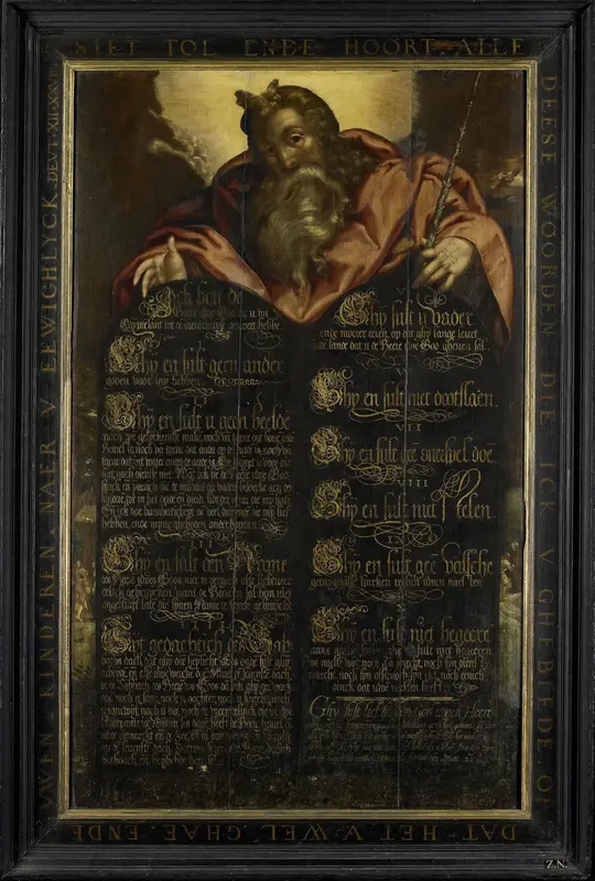 Moses showing the Tables of the Law with the Ten Commandments in Calligraphy Wall Art by anonymous - High-Resolution Digital Print