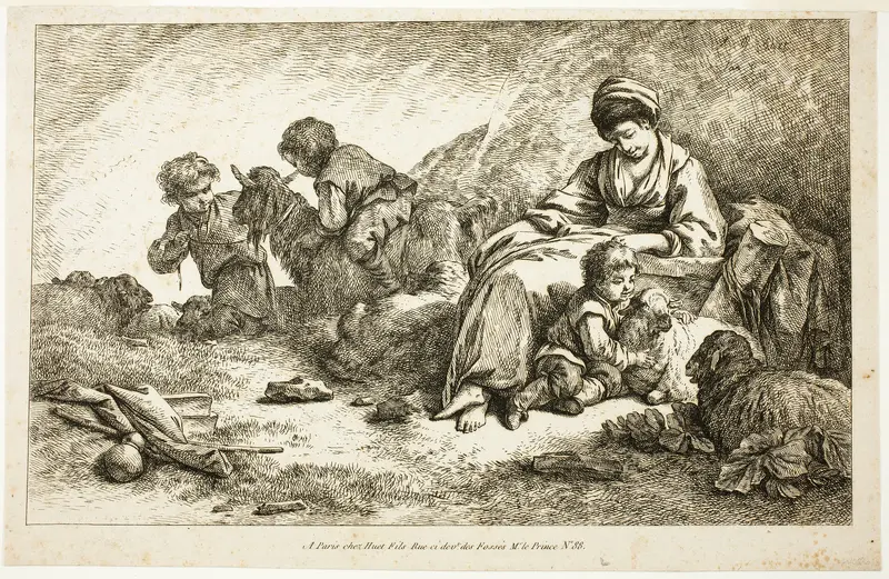 Mother and Children with Sheep Wall Art by Jean Baptiste Huet - High-Resolution Digital Print