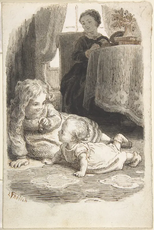 Mother Watching Over Two Young Children Playing (recto); Baby in a Bassinet (verso) Wall Art by Lorenz Frølich - High-Resolution Digital Print