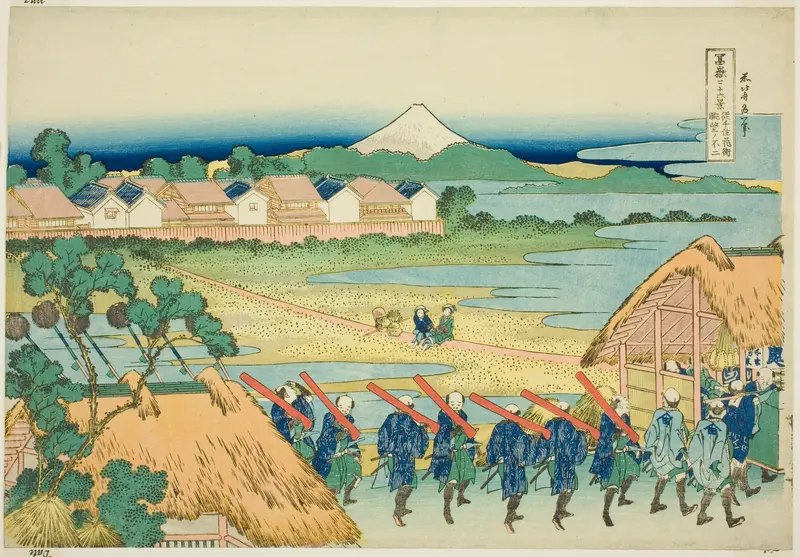 Mount Fuji Seen from the Senju Pleasure Quarter (Senju kagai yori chobo no Fuji), from the series "Thirty-six Views of Mount Fuji (Fugaku sanjurokkei)"