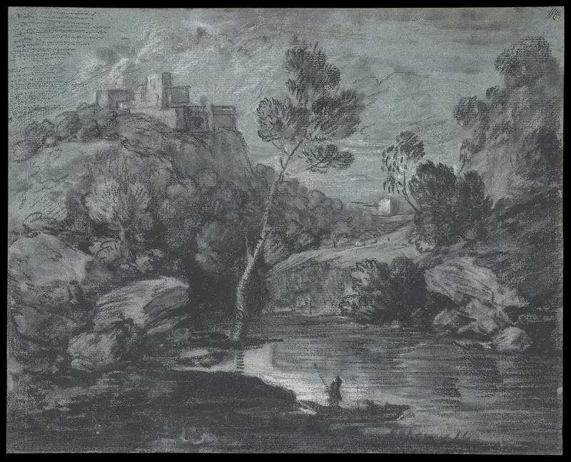 Mountain Landscape with a Castle and a Boatman Wall Art by Thomas Gainsborough - High-Resolution Digital Print