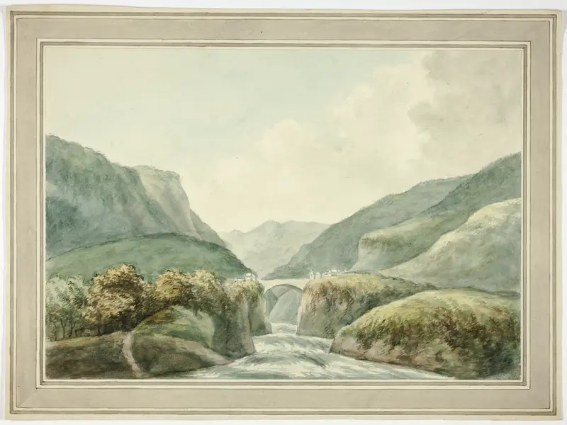 Mountain Town by Bridge Spanning Rapids Wall Art by Unknown artist - High-Resolution Digital Print