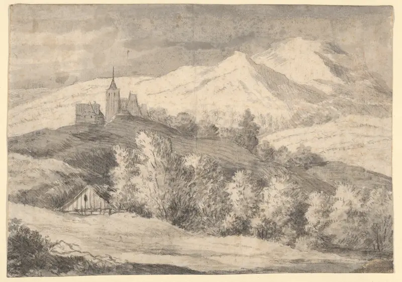 Mountaineous Landscape with a Church and Other Buildings Wall Art by Anonymous, Dutch, 17th century - High-Resolution Digital Print