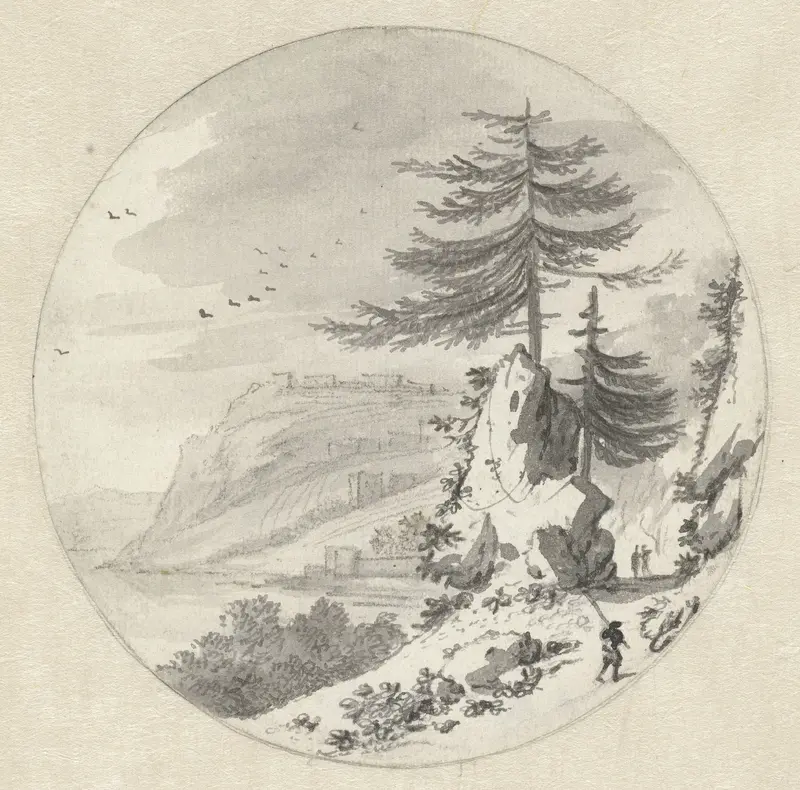 Mountainous Coastal Landscape with a Large Fir Tree Wall Art by Hendrik van der Straaten - High-Resolution Digital Print