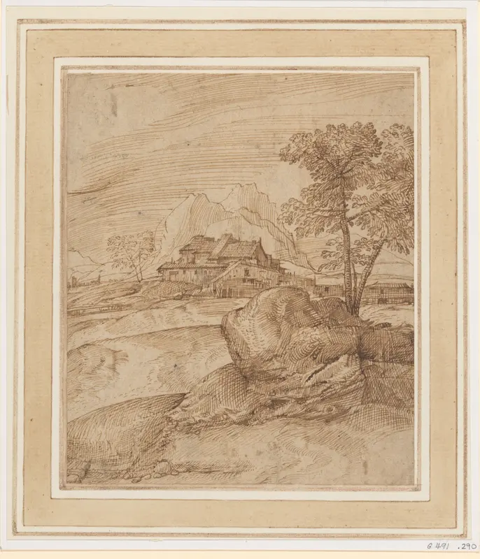 Mountainous Landscape with a Rock, Trees, and Buildings Wall Art by Domenico Campagnola - High-Resolution Digital Print