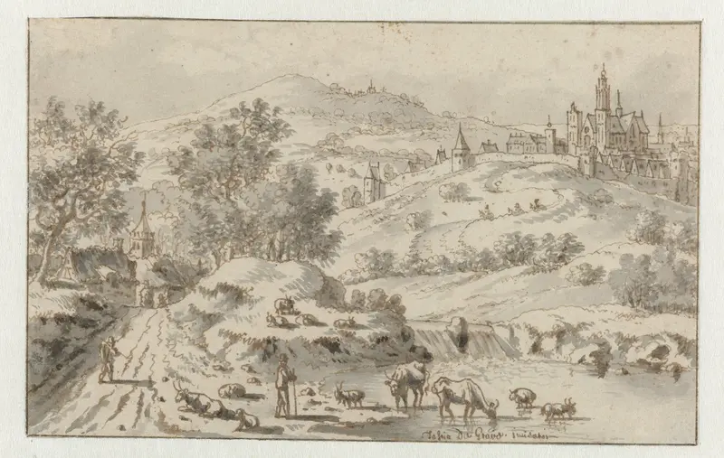 Mountainous Landscape with a Town on a Hill Wall Art by Josua de Grave - High-Resolution Digital Print