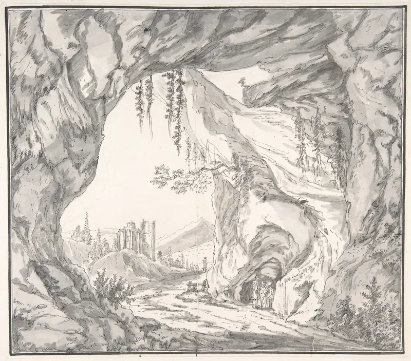 Mountainous Landscape with Ruins of a Castle and Three Men in a Cave, Seen through a Stone Gate Wall Art by Johann Caspar Huber - High-Resolution Digital Print