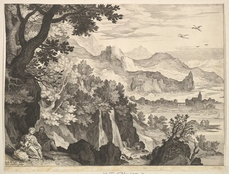 Mountainous Landscape with the Rest on the Flight into Egypt Wall Art by Aegidius Sadeler II - High-Resolution Digital Print