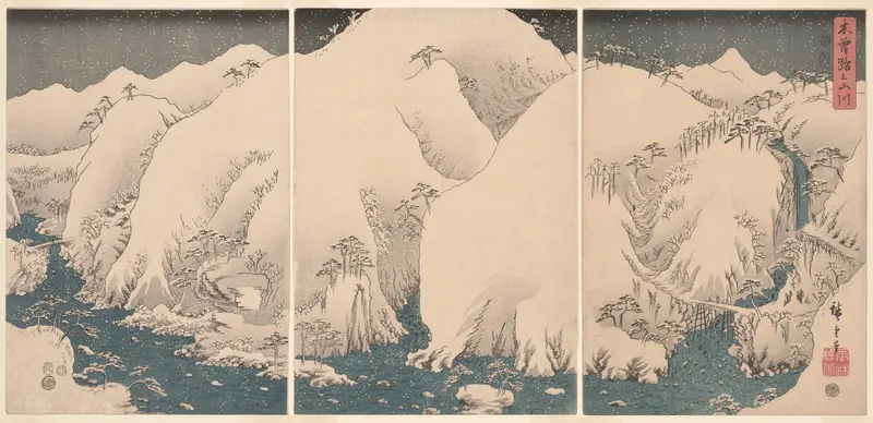 Mountains and Rivers on the Kiso Road (Kisoji no yamakawa), from an untitled series of triptychs