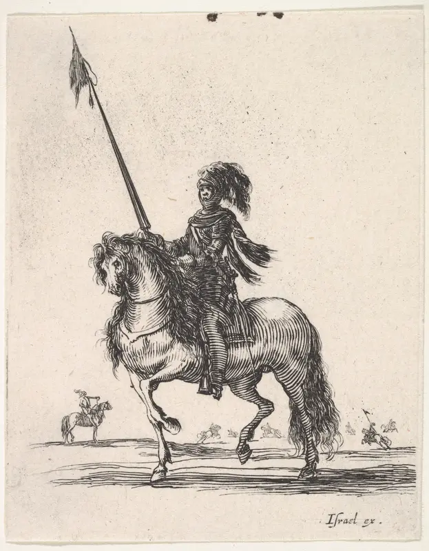 Mounted cuirassier holding a lance upright and riding towards left, other horsemen in the background, from "Various cavalry exercises" (Diverses exercices de cavalerie) Wall Art by Stefano della Bella - High-Resolution Digital Print