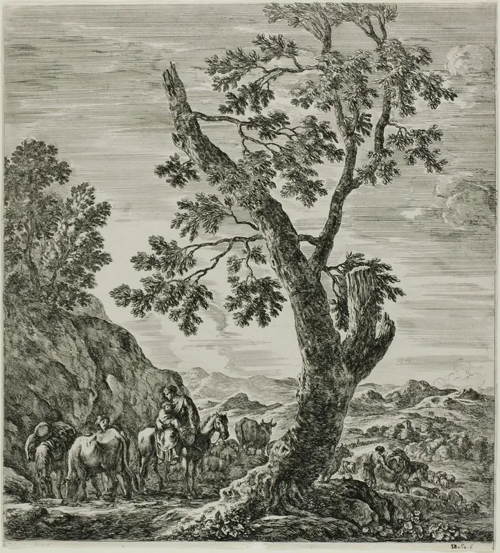 Mounted Peasant with a Child in Her Arms, plate six from The Six Large Views of Rome and the Campagna Wall Art by Stefano della Bella - High-Resolution Digital Print