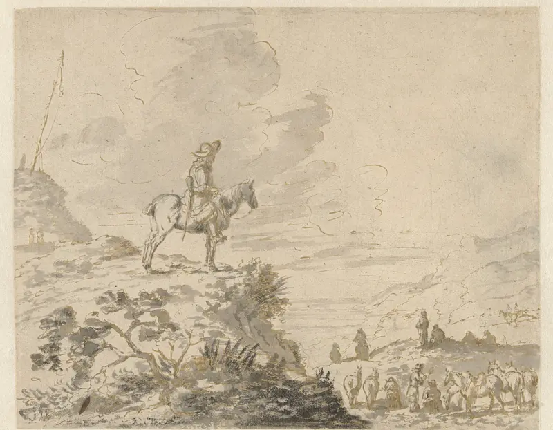 Mounted Sentry Overlooking a Panoramic Landscape with Soldiers and Horses Wall Art by Unknown - High-Resolution Digital Print