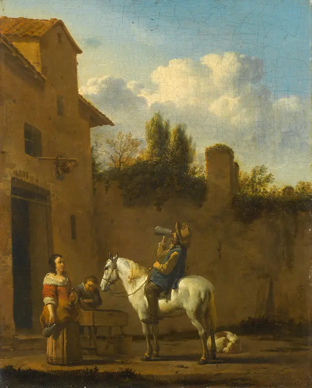 Mounted Trumpeter Taking a Drink Wall Art by Karel du Jardin - High-Resolution Digital Print