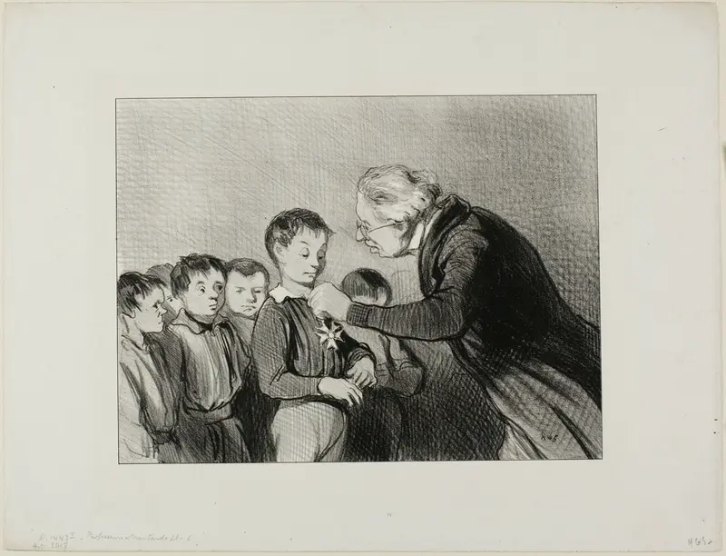 “- Mr. Alfred Cabassol! You are the only one in the class who succeeded to get through the entire week without blowing your nose into your sleeve. Please stand to receive this prize of honour for cleanliness,” plate 6 from Professeurs Et Moutards