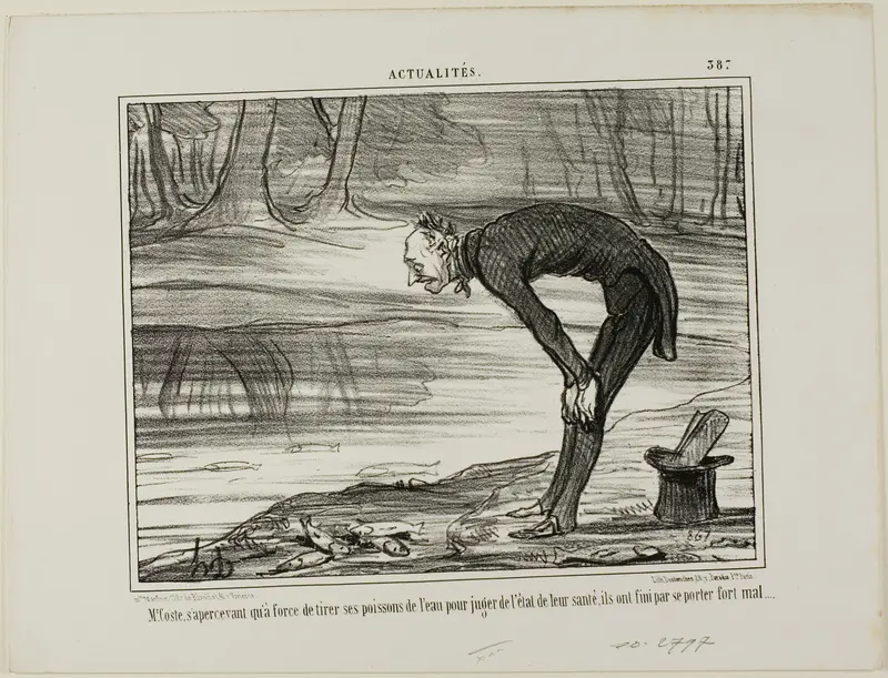 Mr. Coste noticing that the fish he took out of the water in order to analyse their state of health, end up feeling not well at all, plate 387 from Actualités