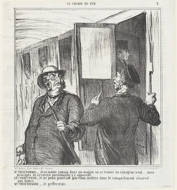 Mr. Prudhomme: I shall never get into a compartment alone with a single traveler... principles of personal safety are contrary to that, from 'On the train,' published in Le Charivari, August 18, 1864 Wall Art by Honoré Daumier - High-Resolution Digital Print