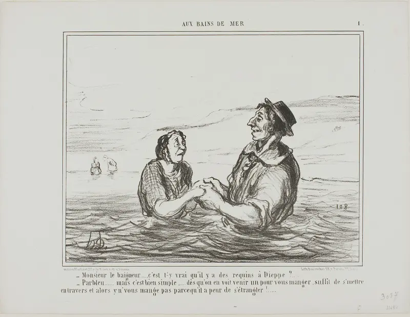 “- Mr.Lifeguard.... is it true there are sharks at Dieppe? - Of course... but it is pretty simple... as soon as you see one coming to eat you, all you have to do is lay down sideways. He won't eat you for fear of choking to death,” plate 1 from Aus B