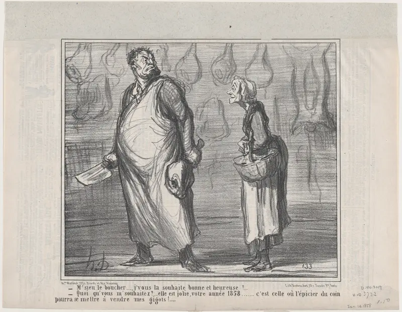 M'sieu le boucher..., j'vous la souhaite bonne et heureuse!, from "Actualités" Wall Art by Honoré Daumier - High-Resolution Digital Print