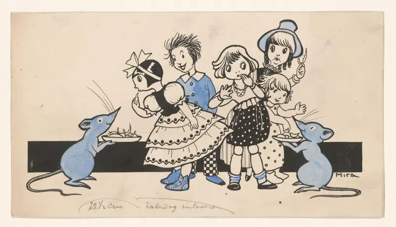 Muizen presenteren lekkernijen aan kinderen en poppen Wall Art by Unknown - High-Resolution Digital Print