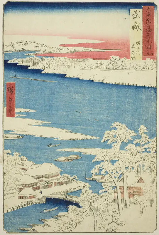 Musashi Province: Morning after Snow on the Sumida River (Musashi, Sumidagawa yuki no ashita), from the series "Famous Places in the Sixty-odd Provinces (Rokujuyoshu meisho zue)"